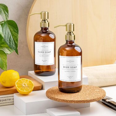 Vine Creations, 2-Pack Soap Dispenser Set for Kitchen with Stainless Steel Pump, Amber Glass, 475ml, Hand Soap Dispenser for Bathroom, Dish Soap Dispenser for Kitchen with Waterproof Labels