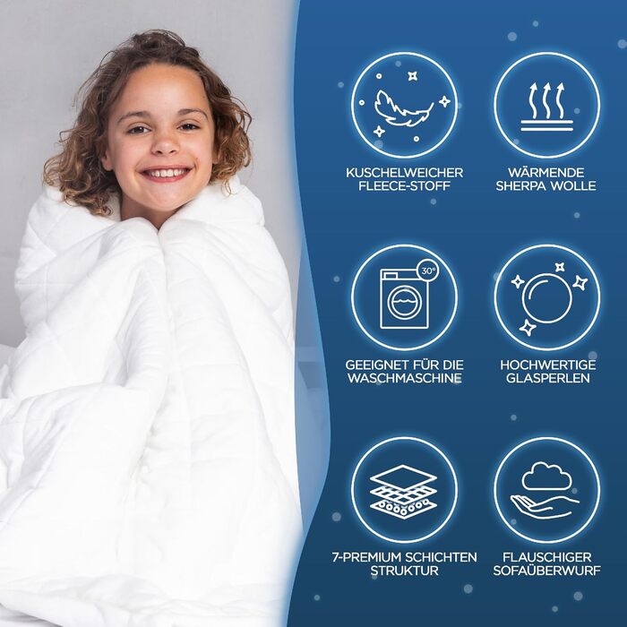 Ковдра з ефектом обтяження 135x200 см, 7 кг, Sherpa Fleece, сертифікат Oeko-Tex, терапевтична ковдра для розслаблення, покращує сон, Weighted Blanket, білий колір