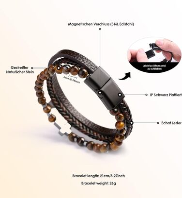 Чоловічий браслет Dochais: нержавіюча сталь, шкіряний ремінець, хрест Ісуса Христа, плетіння з натурального каменю, магнітна застібка, чорний, 21 см
