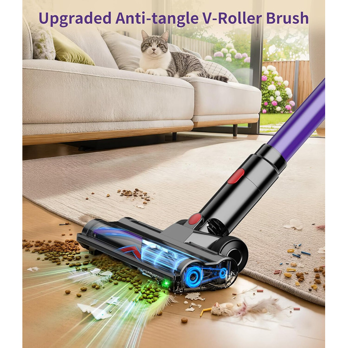 Бездротовий акумуляторний пилосос 450W, 40KPa, без мішка з HEPA-фільтром та LED-дисплеєм, антизаплутана щітка, самостійна підставка з кріпленням на стіну, час роботи 50 хв, для килимів, твердих підлог, шерсті тварин та авто