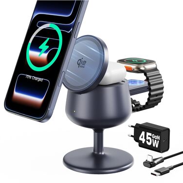 Бездротова зарядна станція 3-в-1 GEEKERA Qi2.2 25W для Apple: MagSafe зарядний пристрій для iPhone 17/16/12, Apple Watch та AirPods, адаптер GaN 45W, Phantom Grey