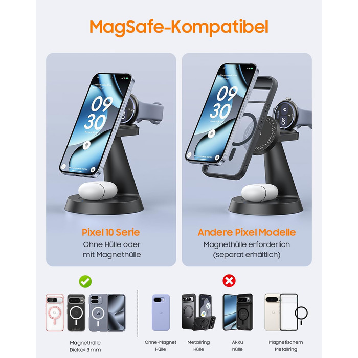 Бездротова зарядна станція 3 в 1 Meifigno 25W для Google Pixel Watch 5 та 4, чорна