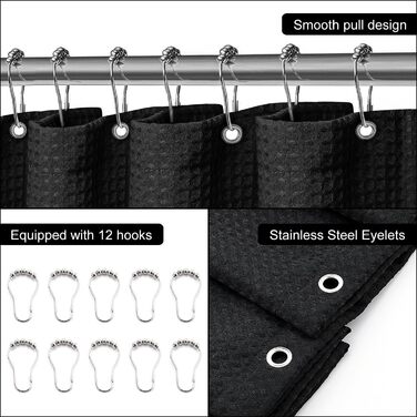 Шторка для душу Waffel 183x198 см - текстильна, поліестер, з магнітною стрічкою та 12 кільцями, непрозора та водонепроникна для ванної кімнати (Чорний, 183x198 см)