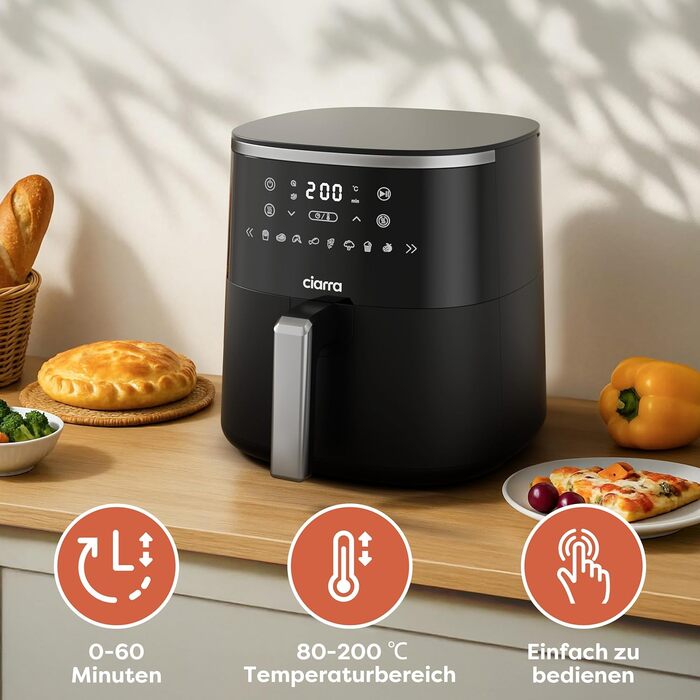 Фритюрниця без олії Ciarra CBAWAF1A AirFryer XL 5л, 1500W, 8 програм, 80-200°C, RapidAir, Touchscreen, Чорний
