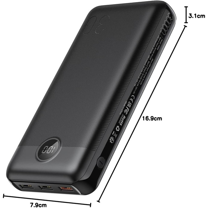 Power Bank VEGER 30000mAh 20W PD: Швидка зарядка, LED дисплей, 4 виходи, 2 входи, USB-C, сумісний з iPhone, iPad, планшетами