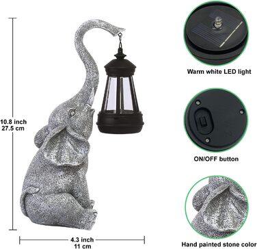 Yeomoo Elephant Decoration with Solar Lantern Garden Figures - for Outdoor Garden Decor with Weatherproof LED Solar Lamp for Balcony Garden, Gifts for Women Men Mom Birthday Gift Grey