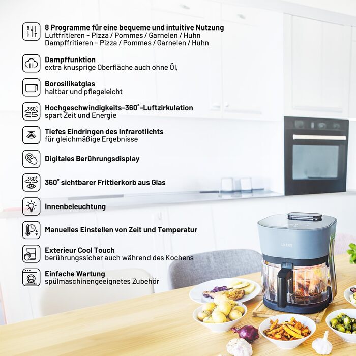 Аерофритюрниця Lauben Glass&Steam 4500BG з пароваркою, скляний кошик, 8 програм, ручне регулювання часу і температури, об'єм 4,5 л, мийка в посудомийній машині