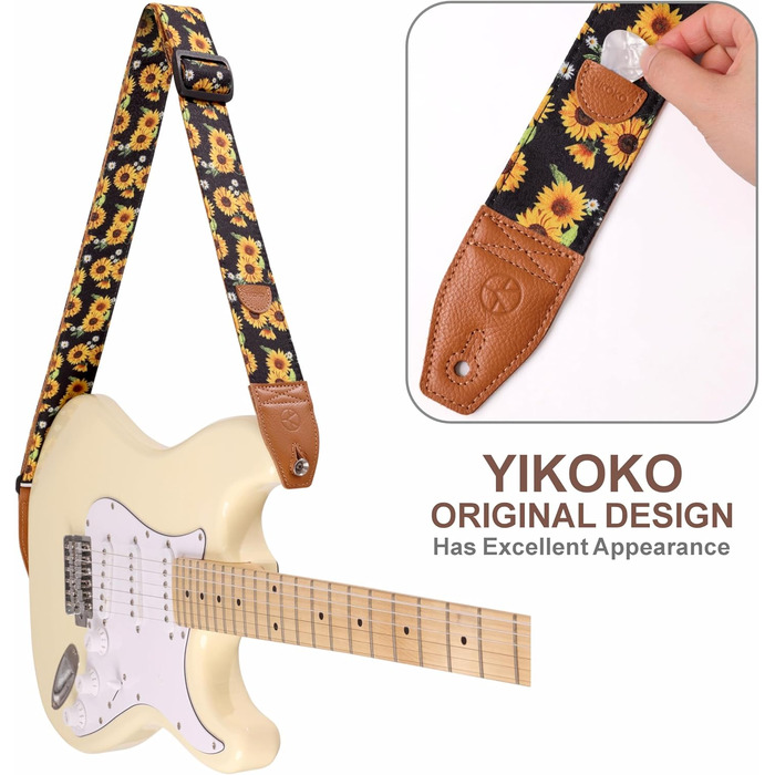 Гітарний ремінь 5,1 см з бавовняним друком, квітковий принт, з повним шкіряним кінцем, для бас-гітари, електро- та акустичної гітари, безкоштовна кнопка для ременя, фіксатори для ременя та медіатори. Жовті ромашки