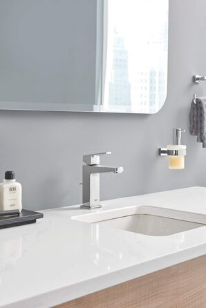 GROHE Essentials Cube Soap Dispenser (with holder, concealed mounting, material: glass/metal, durable), chrome, 40756001