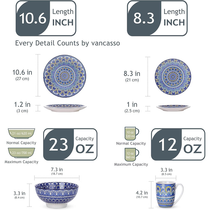 Набір посуду Vancasso MANDALA 16 предметів, кераміка, ручна робота, блакитний, для 4 осіб