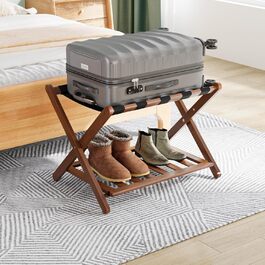 Fully assembled white luggage rack, improved bamboo, foldable suitcase stand with 5 nylon straps, luggage rack with shelf for guest rooms, hotel (white luggage rack, 1 piece) (1 x Walnut)