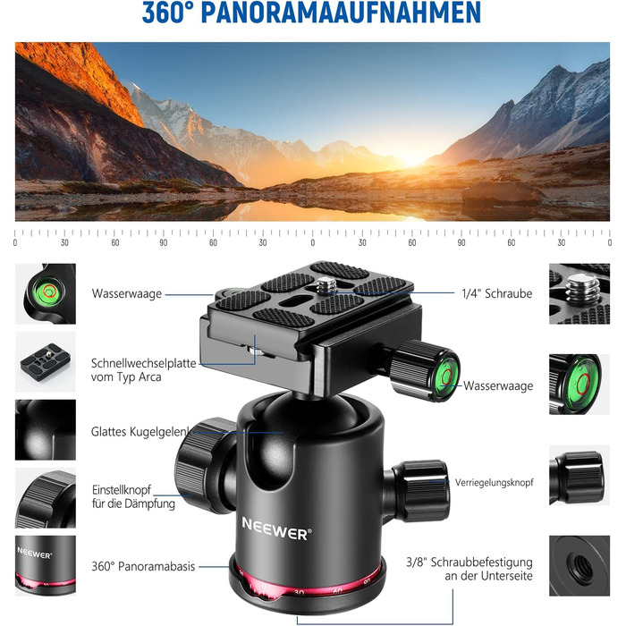 Штатив NEEWER 77' для камери, монопод, сумісний з DSLR та смартфоном, 360° кульковий голівкою, 2-осьова центральна колонка, QR-плита Arca, сумка, максимальне навантаження 15,4 кг, TP77 (карбоновий штатив з 2 осями)