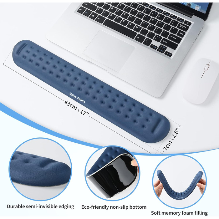 Підставка для зап'ястя під клавіатуру Univo Colors з Memory Foam, Ergonomic, для комп'ютера, ноутбука, офісу, геймінгу, Marineblau (Синій)
