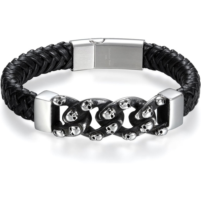 Чоловічий браслет JewelryWe з готичним черепом, демоном, монстром, для байкерів, шкіряний, зі сталі, чорний, сріблястий