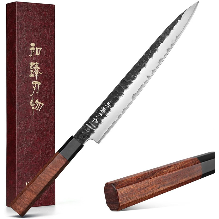 HEZHEN 8-Inch 3-Layer Damascus Steel Chef's Knife - Professional Japanese Kitchen Knife with Octagonal Redwood Handle & Wooden Sheath