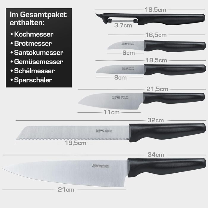 Набір кухонних ножів GEHRING SOLINGEN WAVE 6 предметів - Німецька сталь, нержавіюча, льодова загартована, гострі ножі в блоці