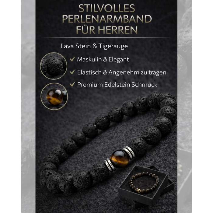Браслет чоловічий 9 O'Clock Perlenarmband з оніксу 8мм, еластичний, ручної роботи (Німеччина), чорно-коричневий