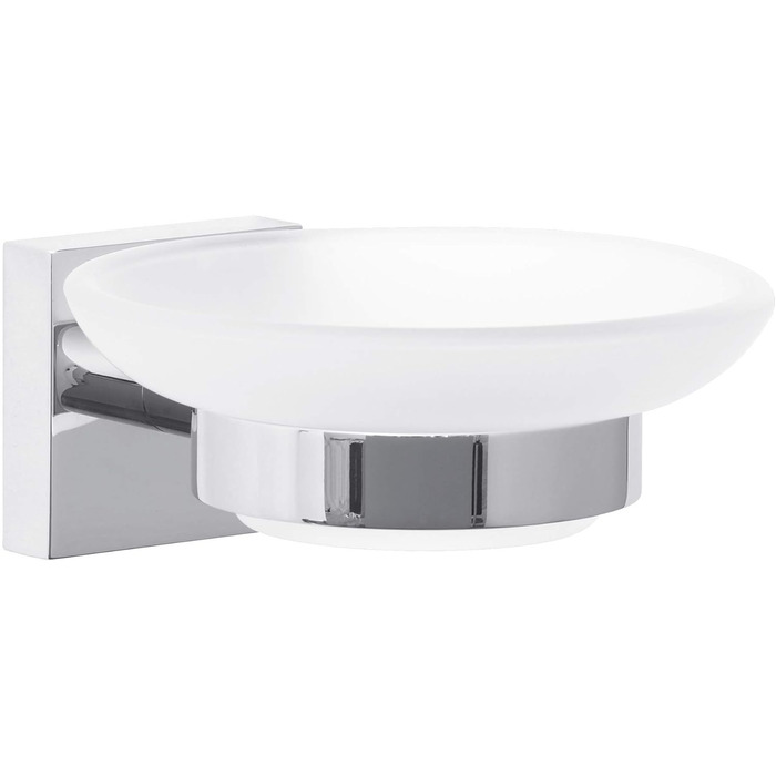 tesa EKKRO Soap Dish with Wall Holder, Satin Glass and Chrome-Plated Stainless Steel - for wall mounting without drilling, incl. adhesive solution - 110mm x 51mm x 131mm
