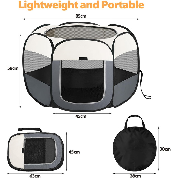 Клітка-забіг для цуценят та собак, розкладний вольєр для собак, котів та дрібних тварин, вольєр для тварин, клітка-забіг, водовідштовхуюче полотно Oxford з сумкою для перенесення для внутрішнього та зовнішнього використання, кемпінгу (Білий, M(85x85x58cm)