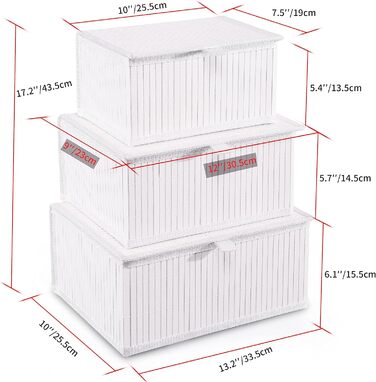 Honeycomb Storage Basket with Lid, Woven - Bamboo Decor Storage Boxes, Set of 3 Rattan Basket with Lid Woven Fabric Insert for Bathroom Kitchen Shelf Organization (Large/Medium/Small) (White)