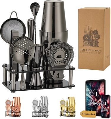 Boston Shaker Set – 10-Piece Stainless Steel Cocktail Shaker Set with Acrylic Base, Hawthorne Strainer, Ice Tongs, Bar Spoon, Jigger, Muddler – Perfect for the Home Bar (Black)