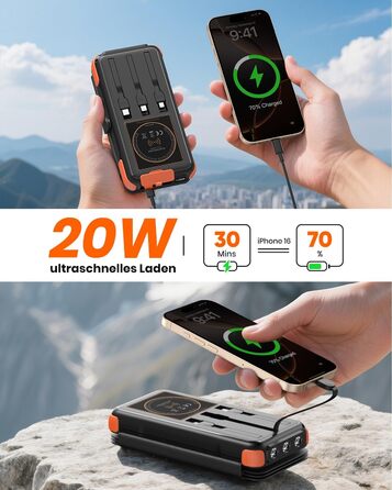 Портативний зарядний пристрій A ADDTOP Solar 25000mAh з сонячною панеллю, 20W, USB-C, 3 кабелі, для кемпінгу та подорожей