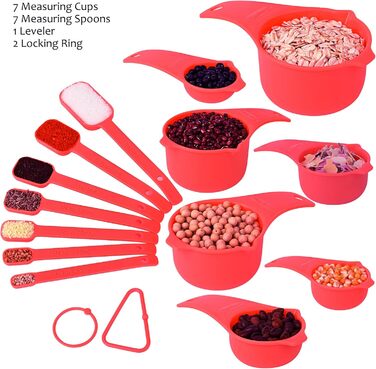 Kalsrei Measuring Cup and Spoon Set, Red, 15 Piece, 7 Plastic Measuring Cups, 7 Spice Measuring Spoons with Long Handle, and 1 Leveler for Kitchen and Baking, Dry Metric Measuring Cups and