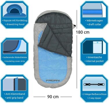 Fridani Kids Sleeping Bag PB 180x90cm XXL Quilt Sleeping Bag -12°C Blue Warm Water-Repellent Washable