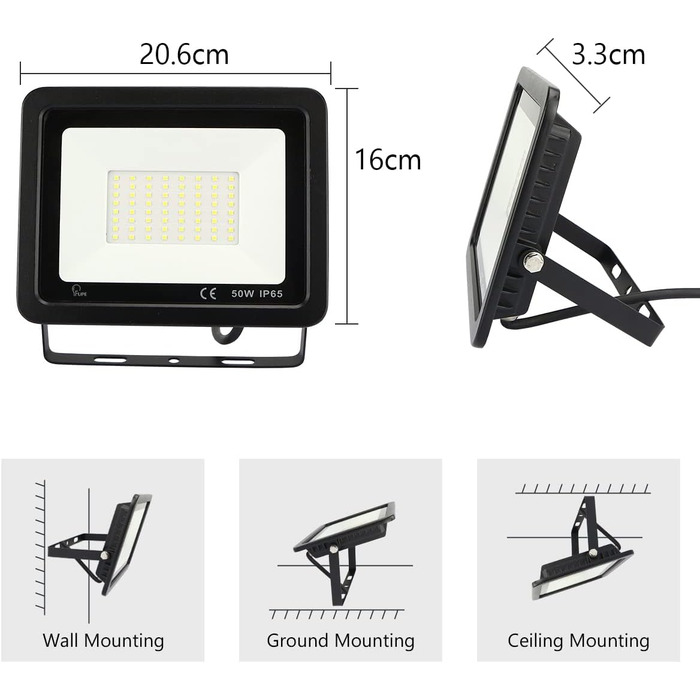 LED Floodlight 50W, Outdoor 5000LM, Spotlight 72 LED IP65 Waterproof, Outdoor Floodlight 6500K Cool White, 230V for Garage, Garden 【2 Pieces Black】