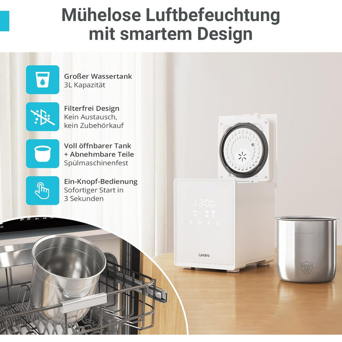 Зволожувач повітря для спальні та вітальні з верхнім заповненням, 3л, нержавіюча сталь, теплий туман, знищує 99,97% бактерій, з режимом сну, білий