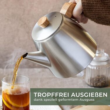 WALDWERK Teapot with Infuser - Teapot Thermal Double-Walled - Teapot with Strainer made of 304 Stainless Steel - Tea Maker with Genuine Oak Wood Handles - Tea Pot 100% Drip-Free
