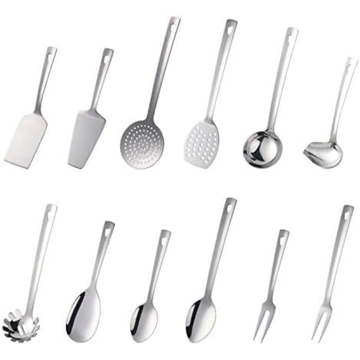 Набір кухонних аксесуарів 12 шт. з нержавіючої сталі, сріблястий. Набір посуду, кухонні інструменти для дому та приготування їжі.