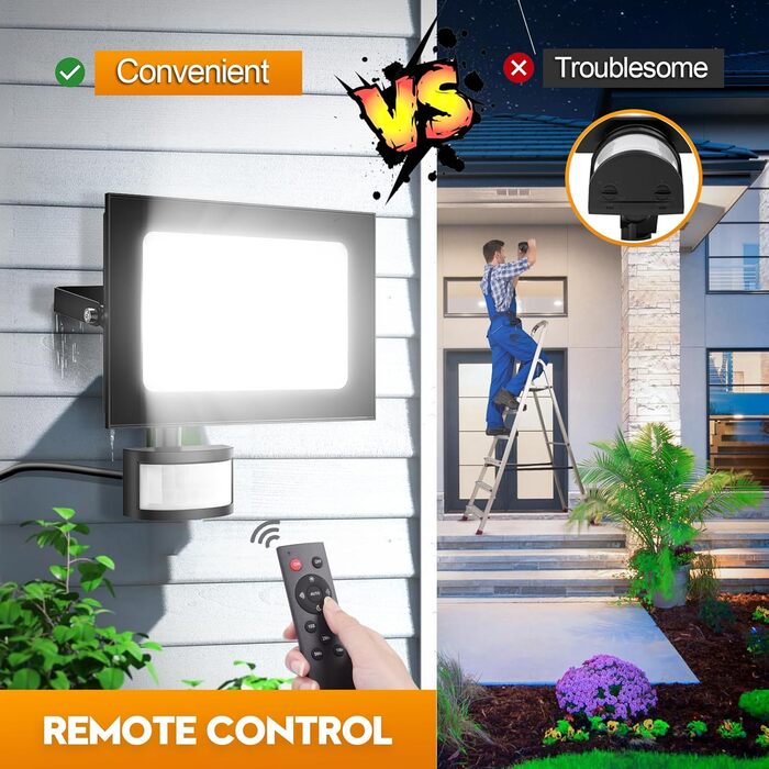 papasbox 2 Pack LED Floodlights with Motion Sensor and Light Sensor | Outdoor Floodlights/Spotlights with Remote Control | 6500K Cool White IP66 Waterproof Floodlight for Garden, Garage, Sports Field (50W, 2 Pack)