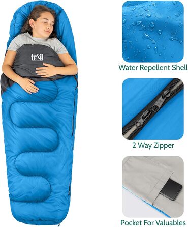 Дитячий спальний мішок Trail Mumienschlafsack 3 сезони для кемпінгу – 300gsm – для хлопчиків та дівчаток – з легким рюкзаком (Блакитний)