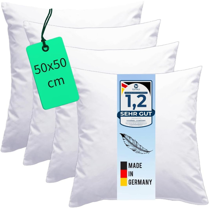 Luxusfeder 4-Pack Sofa Cushions 50x50 cm - Feather Filling 650g - Cover 100% Cotton - Feather Cushion - Cushion Filling - Cushion Insert - Inner Cushion - Öko-Tex