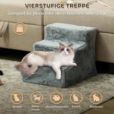 PawHut 4-Step Dog Stairs, 35 cm Cat Stairs for Bed and Sofa, Pet Stairs for Dogs and Cats up to 5 kg, Plush Appearance, (46L x 35W x 35H cm, Light Gray)