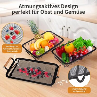 Металевий фруктовий кошик на 3 яруси з підставкою для бананів - чорний | Для кухні, обідньої зони, комори