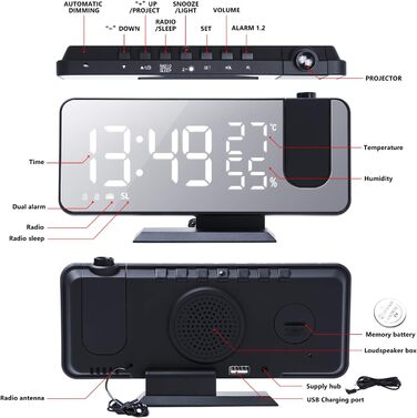 Projection Alarm Clock Digital LED Alarm Clock with Charger, Radio Alarm Clock with USB Charging Port, Dual Alarm Clock, LED Mirror Display, Adjustable Brightness, Temperature and Humidity Display, Black
