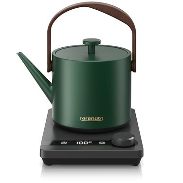 Електричний чайник Arendo з регулюванням температури 40-100°C, 0.6 л, з цифровою основою, індикатор температури, BPA Free, функція підтримання тепла, чорно-зелений (Mizu Grün)