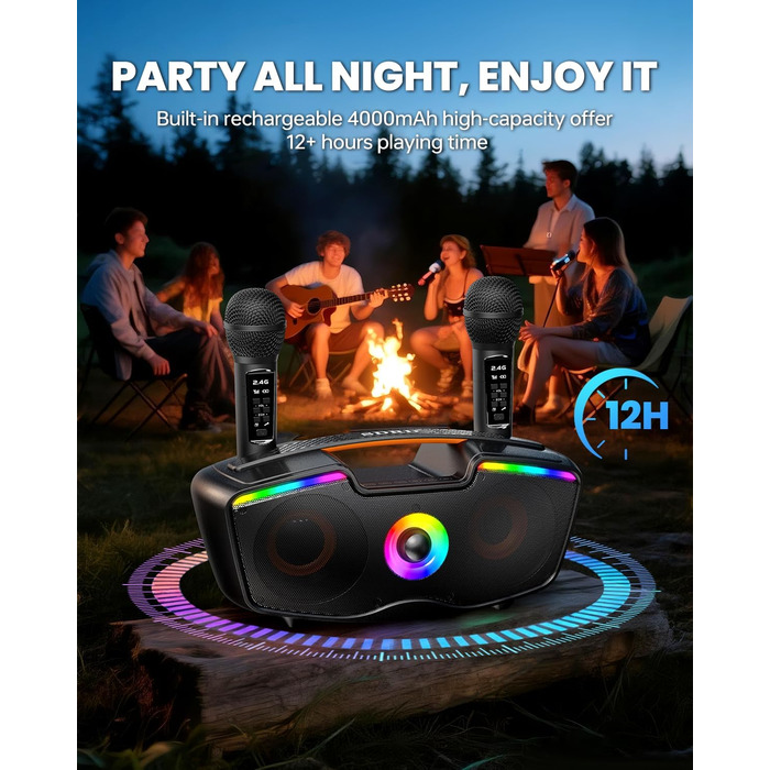 Bluetooth-караоке машина для дорослих та дітей, портативна 80W акустика з 2 бездротовими мікрофонами, регулятором ехо, підтримка USB/AUX/TF-картки, ідеальний подарунок для дому та вулиці