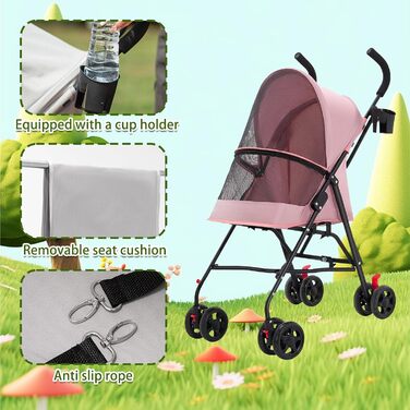 Візок для собак Homewell 2в1, прогулянковий візок для тварин з підсклянниками, переноска для собак, складаний, з гальмом та захистом від дощу, візок-джерсі для домашніх тварин (Рожевий)