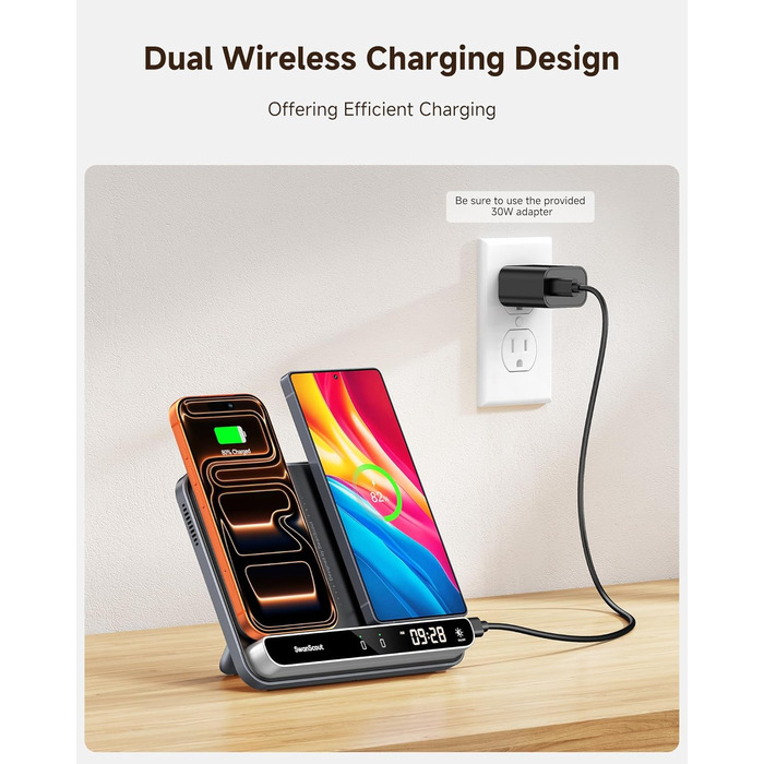 Двопортова індукційна зарядка SwanScout 504 для 2 телефонів та AirPods/Galaxy Buds (30W)