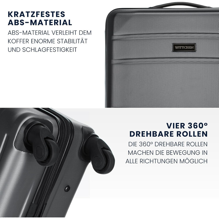 ВалізаWITTCHEN Globe Line сірого кольору (4 шт.): велика, середній, маленька, ручна. ABS, телескопічна ручка, кодовий замок, 4 колеса