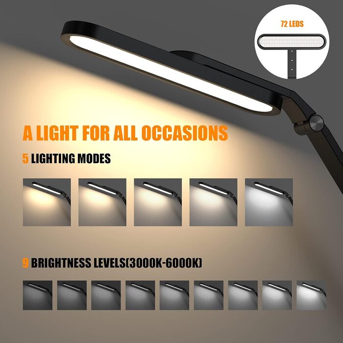 Торгова лампа JKSWT для догляду за очима, диммируемая, 5 режимів кольору, 72 LED, USB-порт, сенсорне керування, функція пам'яті, чорна