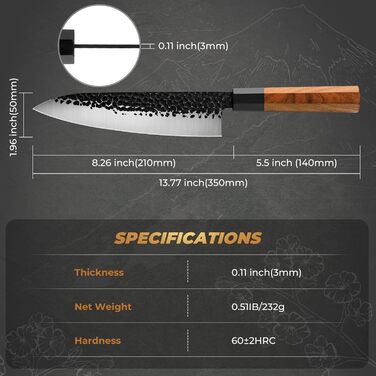 Японський кухонний ніж Gyuto 21 см, професійний, ручної роботи, з високоякісної сталі AUS-8, з дерев'яним руків'ям з палісандру, подарункова коробка