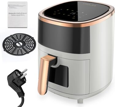 Фритюрниця без олії 6L з 8 програмами, Rapid Air, сенсорний екран, вікно, 200°C, 1200W, для миття в посудомийній машині, гриль, випічка, смаження (Біла)