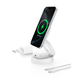 Бездротова зарядна станція 2-в-1 Belkin BoostCharge Qi2 15W MagSafe для iPhone 17, AirPods, Pixel, біла (з адаптером 30 Вт)