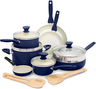 GreenPan Rio 16-Piece Cookware Set, PFOA and PFAS-Free, Healthy Ceramic Non-Stick Coating, Dishwasher Safe, Easy to Clean, Durable Performance, Blue