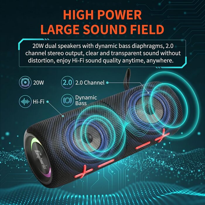 CYBORIS Портативна Bluetooth колонка 2-в-1 з магнітом, 20W, RGB підсвічування, 24 год, IPX6, TWS - для подорожей, вечірок