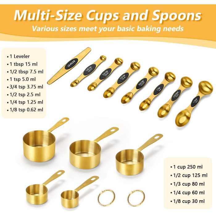 Набір мірних стаканів та ложок Cuteefun Gold, 13 предметів: 5 стаканів, 8 магнітних ложок, нержавіюча сталь для вимірювання сухих та рідких інгредієнтів для випічки та приготування їжі